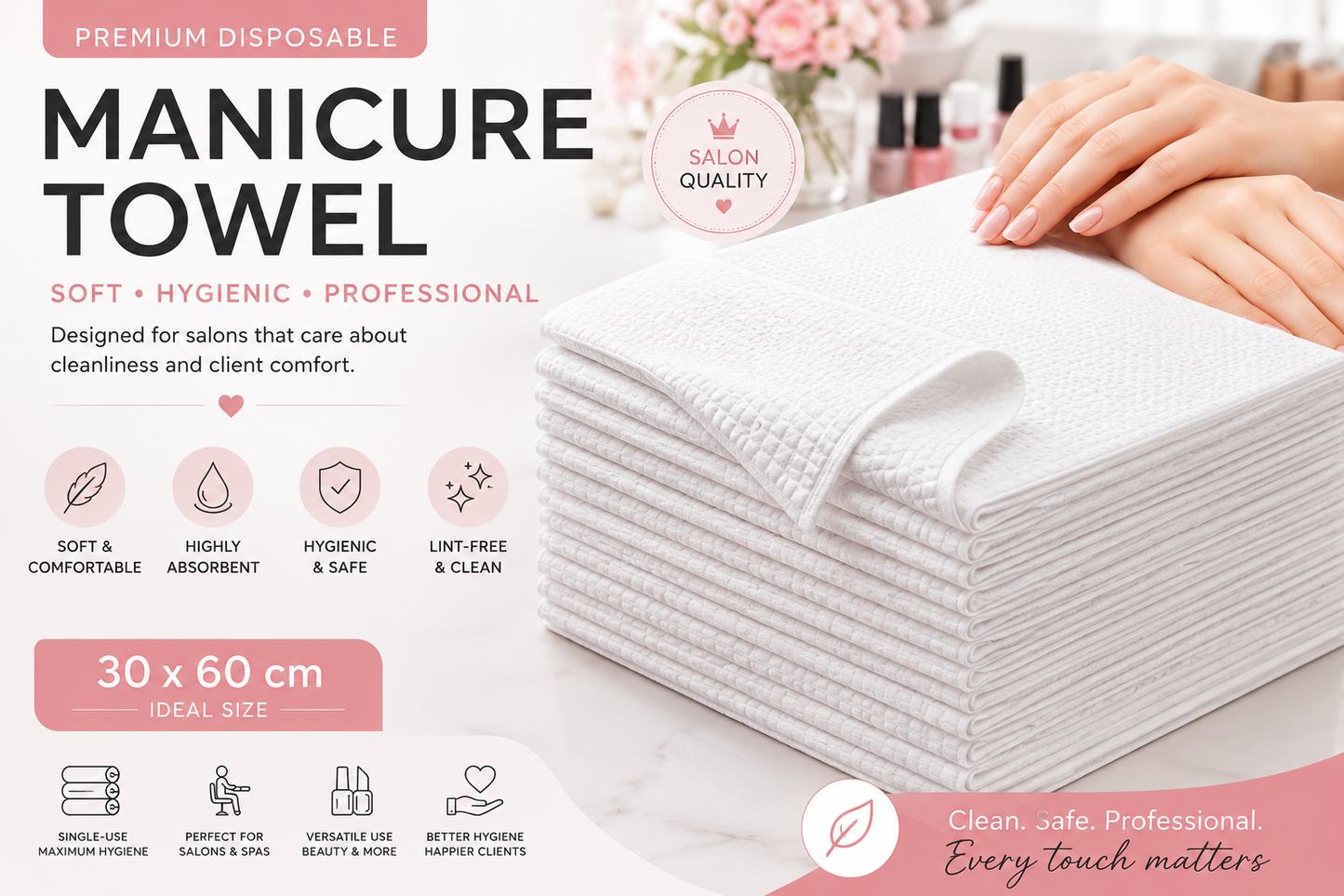 Disposable Manicure Towels , Professional Salon Essentials 30 × 60 cm , مناشف مانيكير للاستخدام مرة واحدة، مستلزمات احترافية للصالونات
