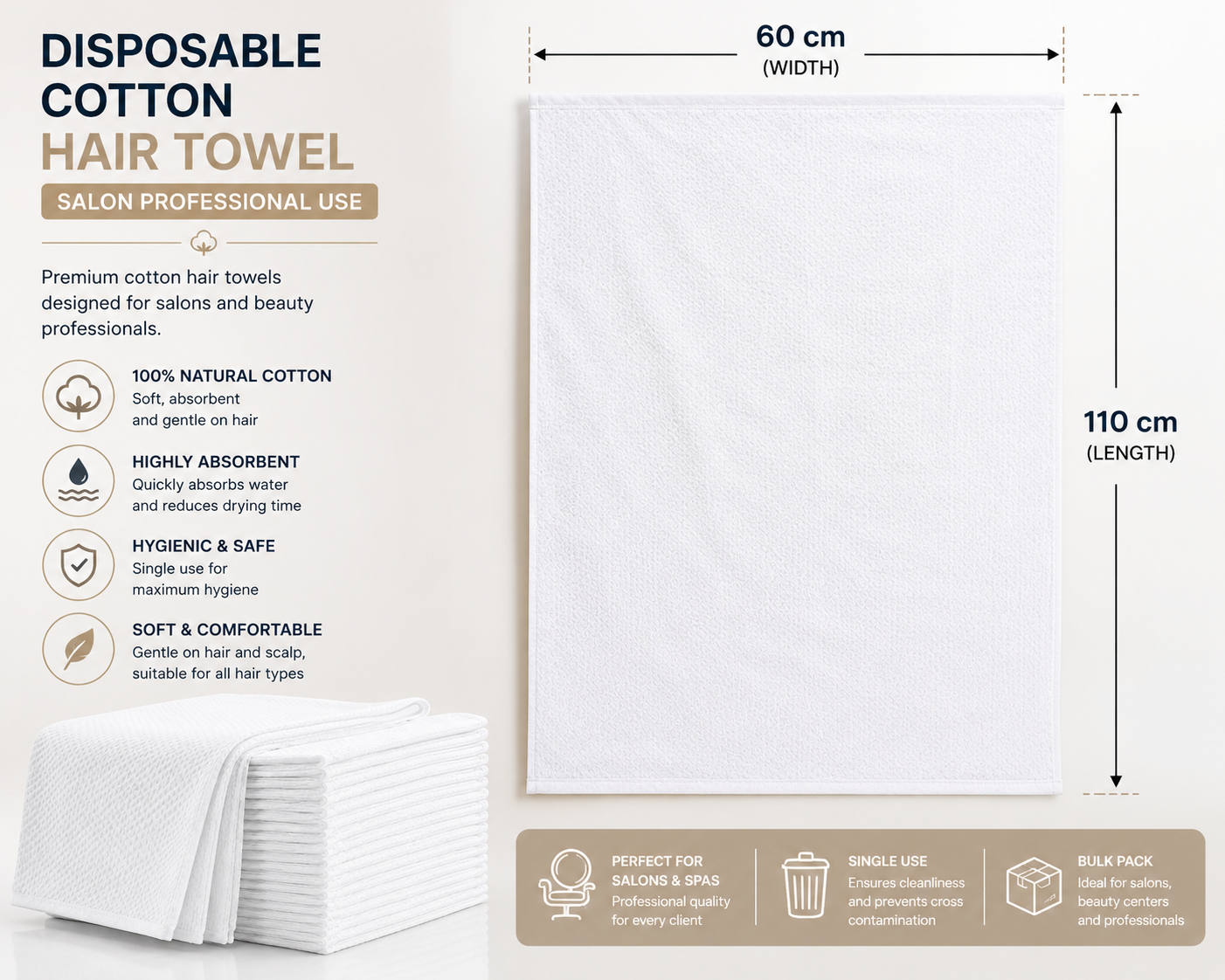 Premium Plus Disposable Cotton Hair Towels (60x110 cm) | مناشف قطن بريميوم بلس للشعر للاستخدام مرة واحدة