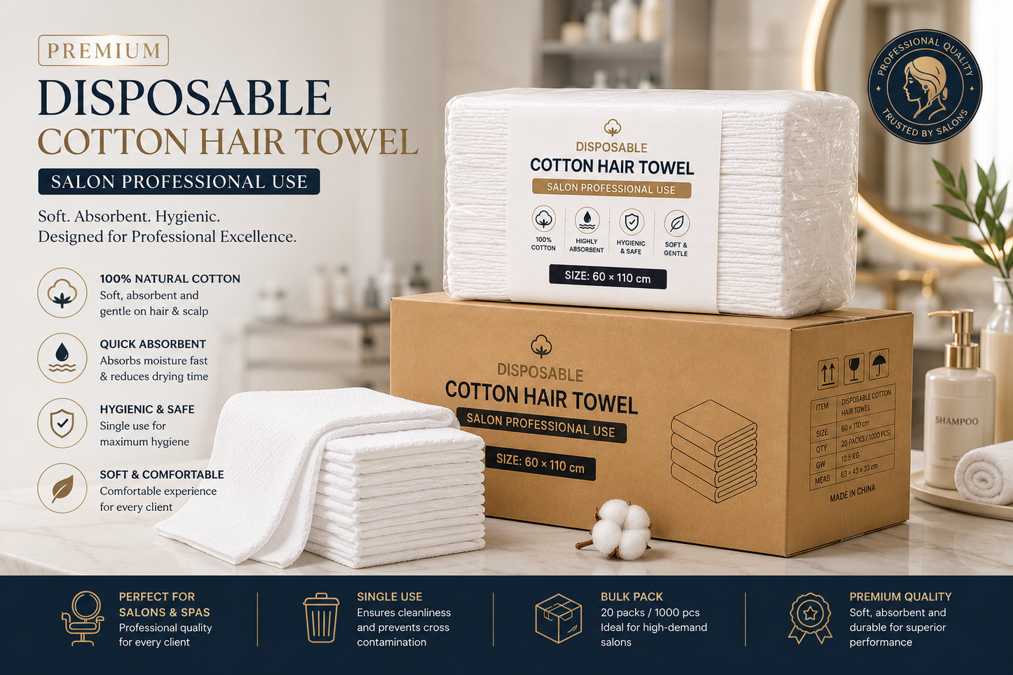Premium Plus Disposable Cotton Hair Towels (60x110 cm) | مناشف قطن بريميوم بلس للشعر للاستخدام مرة واحدة